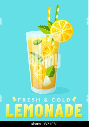 Limonade mit zitronenscheibe. Vector Illustration. Poster mit Glas auf sauberen Hintergrund isoliert. Frischen und kalten Sommer trinken mit Eis und Minze. Stock Vektor