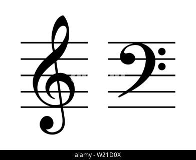 Treble und Bass clef auf fünf - Leitung Personal. G-Clef auf der zweiten Zeile und F - notenschlüssel auf der vierten Zeile der Daube. Zwei musikalische Symbole. Stockfoto
