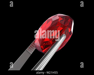 Ruby gesehen schließen oben mit Pinzette, 3D-Darstellung. Stockfoto