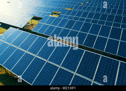 Antenne in der Nähe der Solarmodule Bauernhof mit Sonnenlicht. Erneuerbare grüne Alternative Energiekonzept. Stockfoto