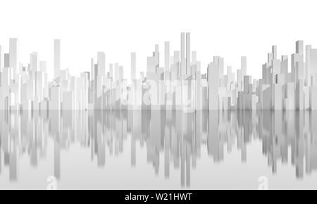 Abstrakte White City Skyline auf glänzendes Grau auf weißem Hintergrund. Digitale Modell mit geometrischen hohen Wolkenkratzern, 3D-Rendering illustratio Stockfoto