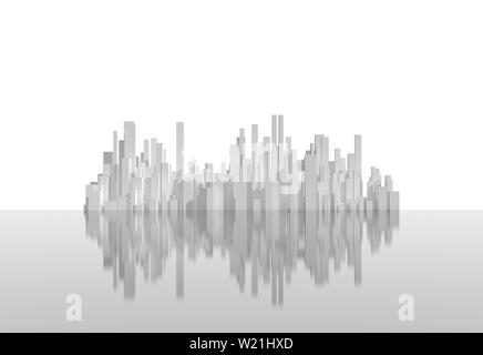 Abstrakte weiße Stadt, städtische Insel auf glänzende graue Oberfläche auf weißem Hintergrund. Digitale Modell mit geometrischen hohen Wolkenkratzern, 3D-rendering Illu Stockfoto