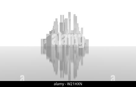 Abstrakte weißen Stadt Block, kleine städtische Insel auf glänzende graue Oberfläche auf weißem Hintergrund. Digitale Modell mit geometrischen hohen Wolkenkratzern, 3d-re Stockfoto