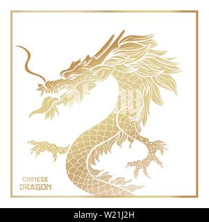 Chinesischen mythischen Drachen poster Vorlage. Legendären orientalischen mythologischen Kreatur auf weißem Hintergrund. Asiatische zeremoniellen Schlange in bedrohlicher Pose handgezeichnete Illustrationen. Neues Jahr Banner Design Layout Stock Vektor