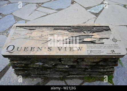 Orientierungstafel. Queen's View, Loch Tummel, Allean, Pitlochry, Perthshire, Schottland, Großbritannien, Europa. Stockfoto