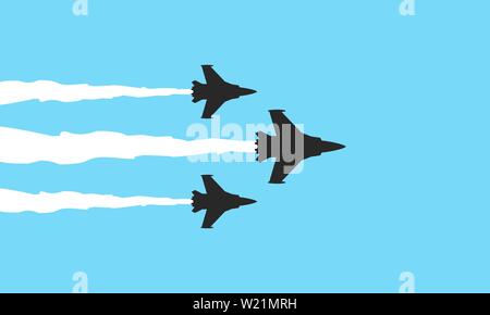 Drei militärische Kämpfer Symbole auf blauem Hintergrund. Jets zeigen Vector Illustration Stock Vektor