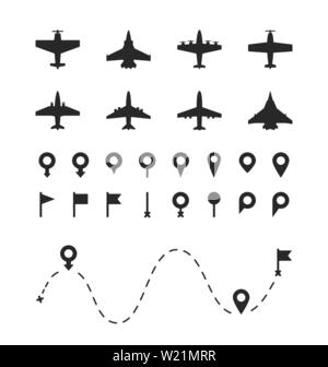 Satz von Flugzeug- und pin-Symbole. Verschiedene Arten von Flugzeugen und jet black Silhouette. Vector Illustration Flugzeug Pfade. Stock Vektor