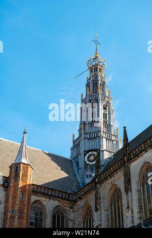 Turm der gotischen Kathedrale Sint-Bavokerk, Grote Markt, Haarlem, Provinz Nordholland, Friesland, Niederlande Stockfoto