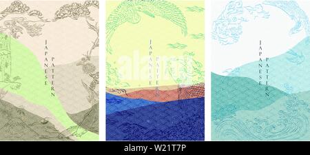 Japanische Schablone mit Wellenmuster Vektor. Hand Linie Kunst im traditionellen Stil gezeichnet. Landschaft Hintergrund mit Pine Tree, karpfen fisch, Dragon, Octopus, Stock Vektor