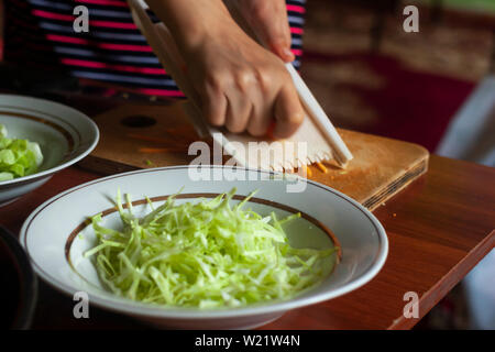 Hausfrau einen Salat aus frischem gesunden Gemüse. Junge Frau, Salat in der Küche Stockfoto