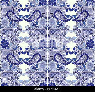 Holzschnitt gedruckt Indigo dye Nahtlose ethnischen floralen Muster. Traditionelle orientalische Ornament von Indien, Paisley und Blumen Motiv, blau auf ecru Stock Vektor