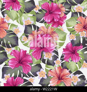 Hawaiian Hibiscus Duft Blume und Monstera Blätter nahtlose Muster. Malve chinesische Rose Flora und Botanik Palmen mit Blüten. Tropische Karkade oder Stockfoto