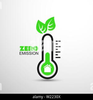 Zero Emission - Globale Erwärmung, ökologische Probleme und Lösungen - Thermometer Icon Design Stock Vektor