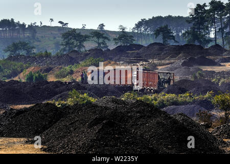 Männer Kohle sind bei einem illegal abgebauten Kohle laden Website in Khasi Hills Schaufeln, Meghalaya, Nordosten Indiens Stockfoto