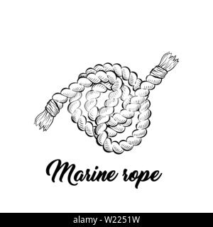 Marine Seil schwarz und weiß Vector Illustration. Meer Schiff, Boot, Yacht Equipment skizziert. Starke Twisted-Pair Kabel für nautische Transport Schwarzweiß-Gravur. Malbuch Abbildung Stock Vektor