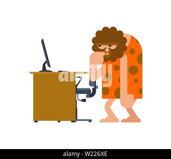 Caveman und PC. Der prähistorische Mensch und Computer. Alte Mann denken Stock Vektor