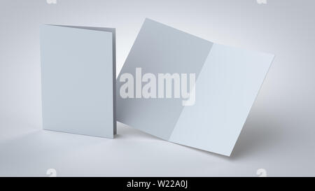 Leere weiße bi-fach/2-Booklet gefalzt, 3D-Rendering geöffnet und geschlossen, Vorder- und Rückseite mock up, mit weichen Schatten in einer Ansicht schließen. Stockfoto