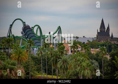 Orlando, Florida. Juni 13, 2019. Blick von oben auf die Insel der Abenteuer in den Universal Studios Area. Stockfoto