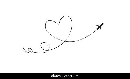 Flugzeug und seine Spur in der Form eines Herzens auf weißem Hintergrund. Vector Illustration. Flugzeuge Flug weg und Ihre Route Stock Vektor