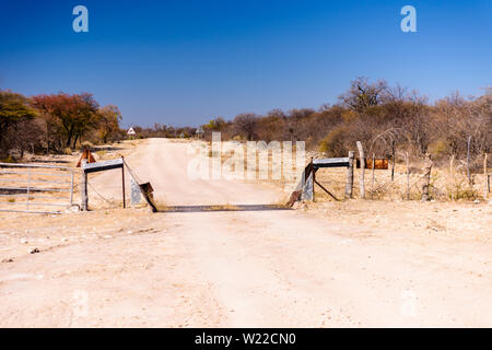 Bauernhof Tor, Zaun und Vieh grid Wildlife aus Ackerland, Namibia zu halten Stockfoto