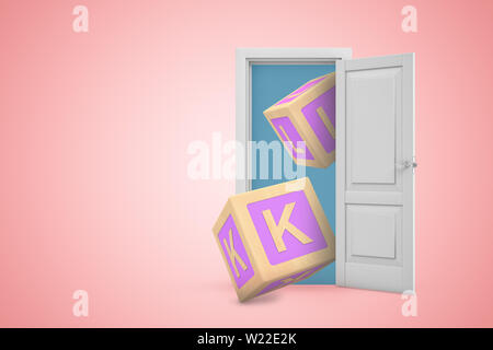 3D-Rendering der offenen Tür auf rosa Farbverlauf copyspace Hintergrund und zwei große ABC blocks Fliegen von Tür. Stockfoto