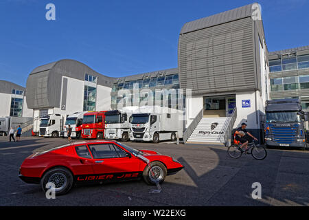 MAGNY-COURS, Frankreich, 28. Juni 2019: Französische historischen Grand Prix erinnert an 50 Jahre Ligier. Veranstaltung findet auf der Rennstrecke Magny-Cours alle zwei Stockfoto