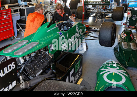 MAGNY-COURS, Frankreich, 29. Juni 2019: In den Gruben. Französische historischen Grand Prix erfolgt auf Rennstrecke Magny-Cours alle zwei Jahre. Stockfoto