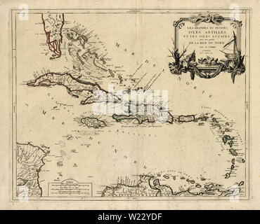 1789 Karte der Westindien, Antiquariatskarte von Vaugondy Stockfoto