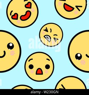 Nahtlose Muster mit niedlichen Kawaii emoji Gesichter. Vektor Cartoon Illustration Stock Vektor