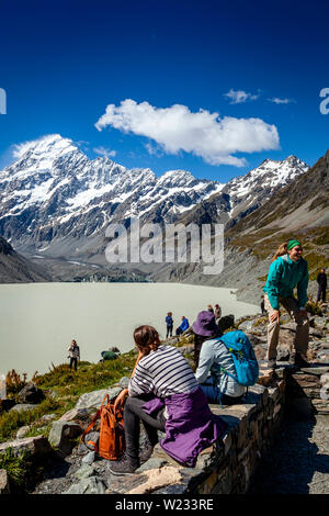 Walker bei der Hooker Lake Viewpoint Am Ende der Hooker Valley Track, Aoraki/Mt Cook National Park, South Island, Neuseeland Stockfoto