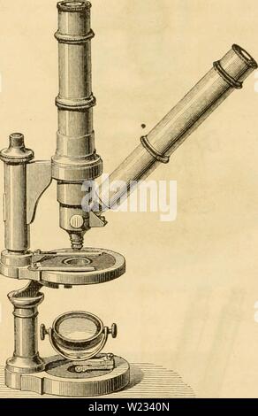 Archiv Bild ab Seite 131 von Das Mikroskop, Theorie und Anwendung. Das Mikroskop, Theorie und Anwendung desselben dasmikroskoptheo 01 ng Jahr: 1867 Figur 03. Abbildung 64. Von eigenthümlicher Bau ist das für chemische Unter-suchungen eingerichtete umgekehrte Mikroskop (Abb. 05), bei welchem der Beleuchtungsspiegel über und das Objectivsystem unter dem Objecttisch angebracht ist, um dadurch der Beschädigung der Linsen durch Dämpfe, Säuren etc. vorzubeugen. Der Mikroskop - Körper ruht auf dem scheibenförmigen Getue und kann mittelst eines Schlittens unter dem Objecttisch hervorgezogen w Stockfoto