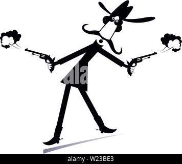 Mann oder Cowboy mit zwei Pistolen Abbildung. Cartoon Mann trägt einen Stetson hält Gewehren in den Händen Schwarz-auf-Weiß-Bild Stock Vektor