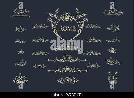 Vektor einrichten der italienischen kalligrafischen Gestaltungselemente für Seite Dekor, Trennwände und verzierten headpieces, Vintage unterstreichen, unterstreichen. Luxury style Kalligraphie. Stock Vektor