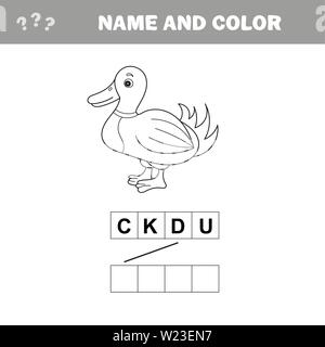 Färbung der Cute Cartoon Ente. Lernspiel für Kinder. Vector Illustration. Stock Vektor