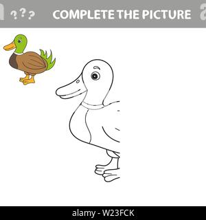 Färbung der Cute Cartoon Ente. Lernspiel für Kinder. Vector Illustration. Stock Vektor