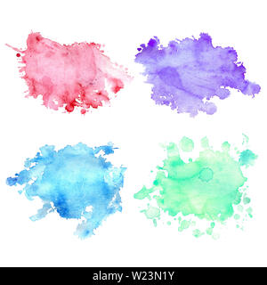 Set mit 5 Aquarell blots mit Spritzer und Flecken. Aquarell Spots von Lila, Blau, Grün und Rot Blumen. Isolierte Flecken auf einem weißen Hintergrund, dra Stockfoto