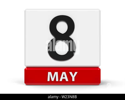 Rote und weiße Symbol Kalender von Würfel - Der 8. Mai - auf einem weißen Tisch - Tage des Gedenkens und der Versöhnung, der Welt des Roten Kreuzes und des Roten Cresce Stockfoto
