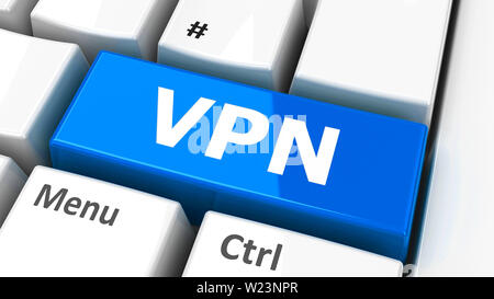 VPN (Virtual Private Network)-Taste auf der Tastatur des Computers, dreidimensionale Rendering, 3D-Darstellung Stockfoto