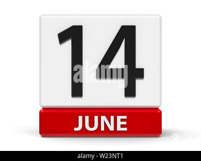 Rote und weiße Symbol Kalender von Würfel - Der 14. Juni - auf einem weißen Tisch - Weltblutspendetag, American Flag Tag, drei-dimensionalen Rende Stockfoto