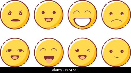 Lächelnd emoji mit unterschiedlichen Emotionen. Lachen, Wut, Niedergeschlagenheit, Necken, Enttäuschung, wink Stock Vektor
