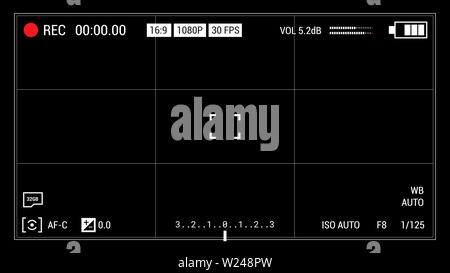Den Suchermodus der Kamera schwarzen Hintergrund. Widescreen Abbildung. Elemente der Benutzeroberfläche: Anzeige, Label, Batterie Symbol, Fadenkreuz. Stockfoto