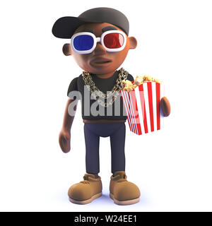 Bild in 3D von einem schwarzen Hip Hop Rapper cartoon Charakter in 3D mit 3D-Brille und essen Popcorn gemacht Stockfoto