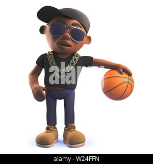 3D-Bild von einem Cartoon 3d schwarz African American hiphop Rapper spielen mit einem Basketball gerendert Stockfoto