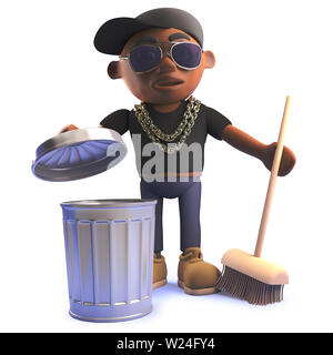 Ein gerendertes Bild eines 3d Cartoon schwarz African American hiphop Rapper mit Mülleimer und Besen Stockfoto