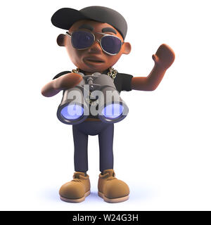 Das gerenderte Bild von einem Cartoon 3d schwarz African American hiphop Rapper mit Fernglas Stockfoto