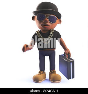 Das gerenderte Bild eines 3D-Cartoon schwarz African American hiphop Rapper mit Bowler Hut und Aktentasche Stockfoto