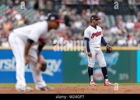 Mai 16th, 2019: Cleveland Indians shortstop Francisco Lindor (12), die in Aktion während eines Spiels zwischen den Baltimore Orioles und die Cleveland Indians am 16 Mai, 2019 am progressiven Feld in Cleveland, OH. Adam Lacy/CSM. Stockfoto