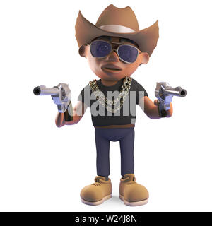 Crazy black hiphop Rapper tragen ein Cowboy Stetson und feuern Pistolen, 3d-Grafik rendern Stockfoto