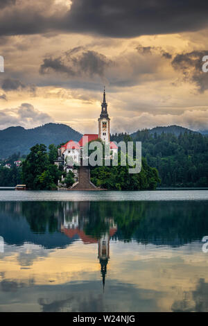 Bled, Slowenien - goldener Sonnenaufgang am See von Bled (Blejsko Jezero) mit der Wallfahrtskirche Mariä Himmelfahrt der Maria auf einer kleinen Insel und von Julischen Alpen Stockfoto