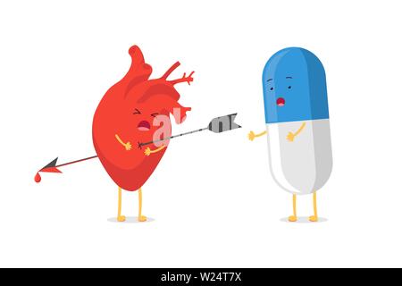 Niedliche Cartoon Herz Charakter Maskottchen durchbohrt wird von Pfeil emoji traurige Emotion und überrascht Medizin Tablette erschossen. Vektor Kreislauforgan unrequited Liebe Agonie Behandlung Therapie Illustration Stock Vektor